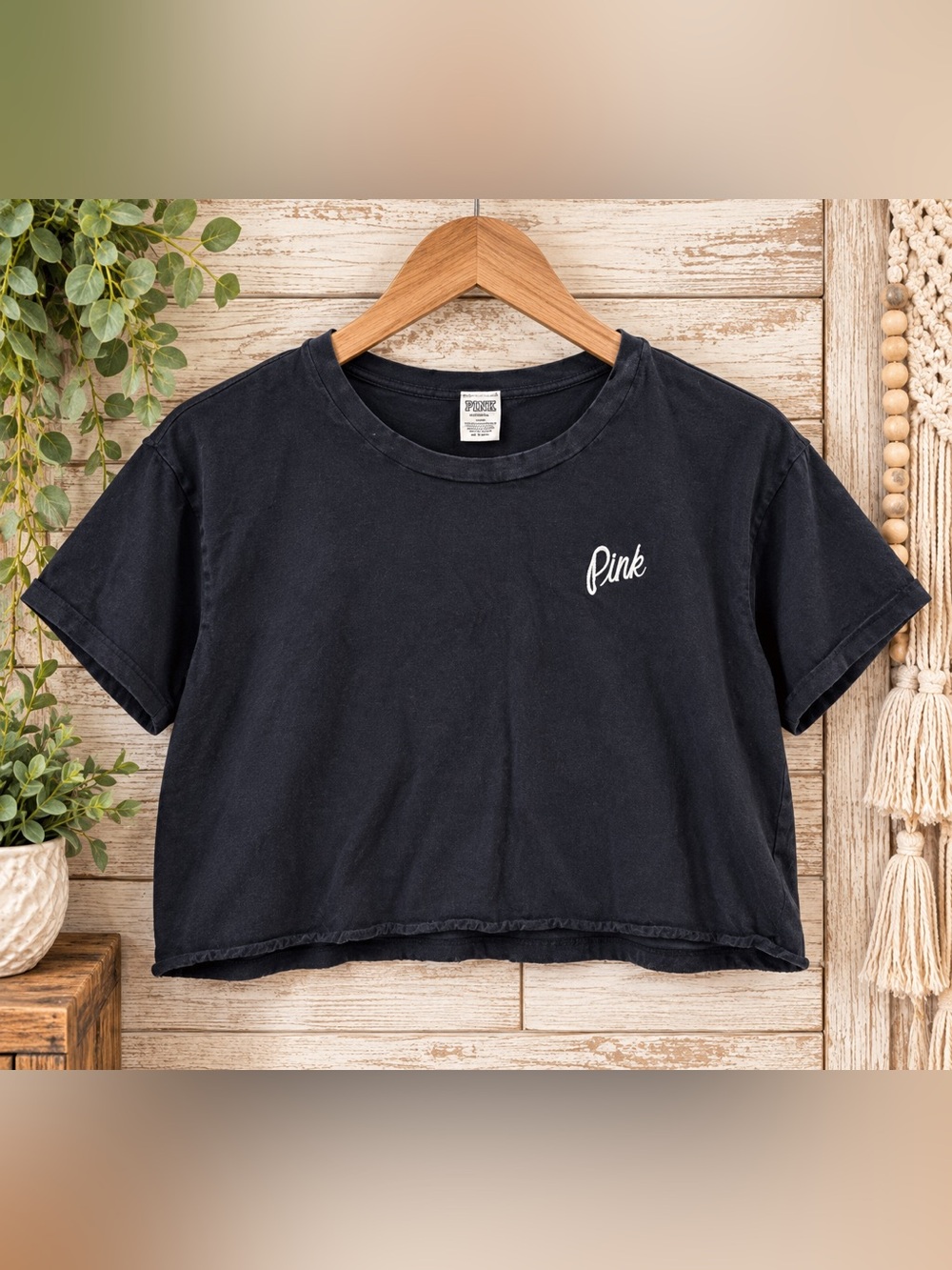 PINK Victoria's Secret Black Cropped Tee with White Script
